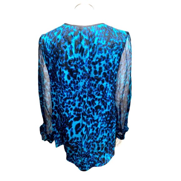 Arynk Large Blue Black Mulberry Silk Sheer Leopard Animal Print Blouse City Styl - Picture 6 of 11